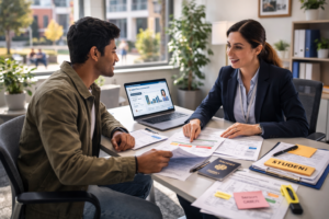 Admissions officer reviewing international student applications using a Student Management System
