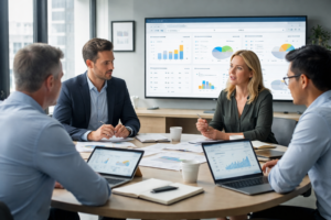 RTO executive team reviewing student management system reports before changing software